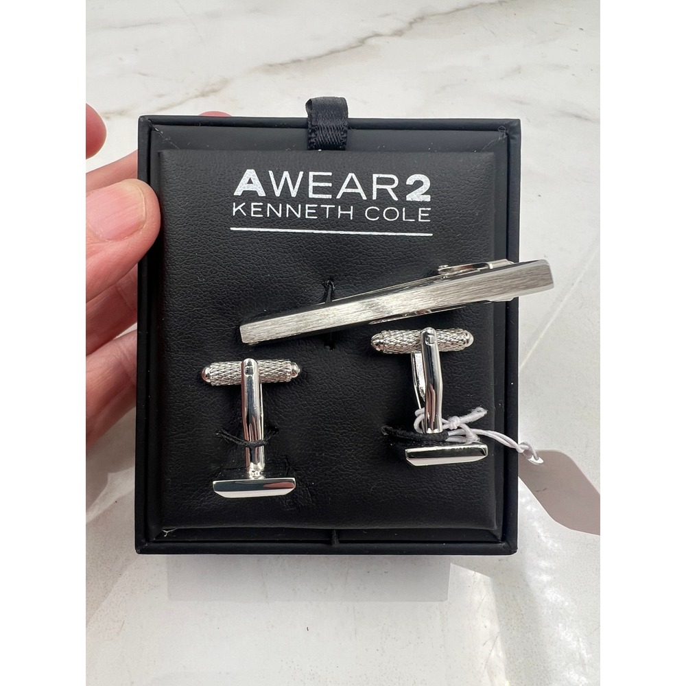 Kenneth Cole Awearness Mens Cufflinks and Tie Bar Set Brushed Silver Tone NIB
